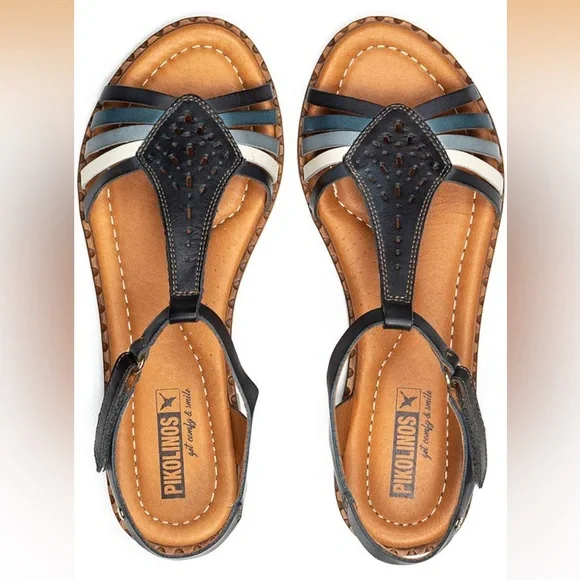 PIKOLINOS Blue Ocean Multi Cutout Leather T-Strap Flat Sandals sz 42 11.5-12 EUC - Picture 2 of 12